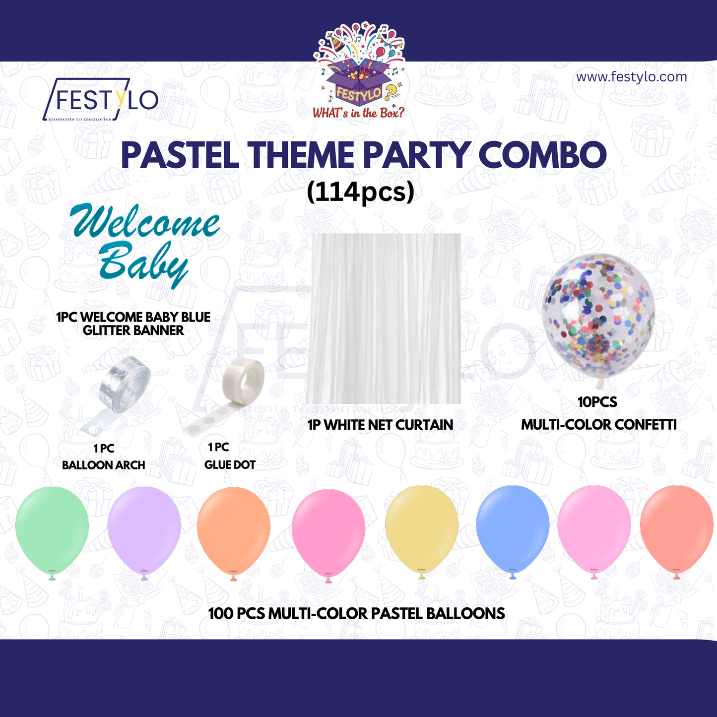 Pastel Theme Party Combo Decoration Kit (114 pcs) – Welcome Baby Balloon Arch Set