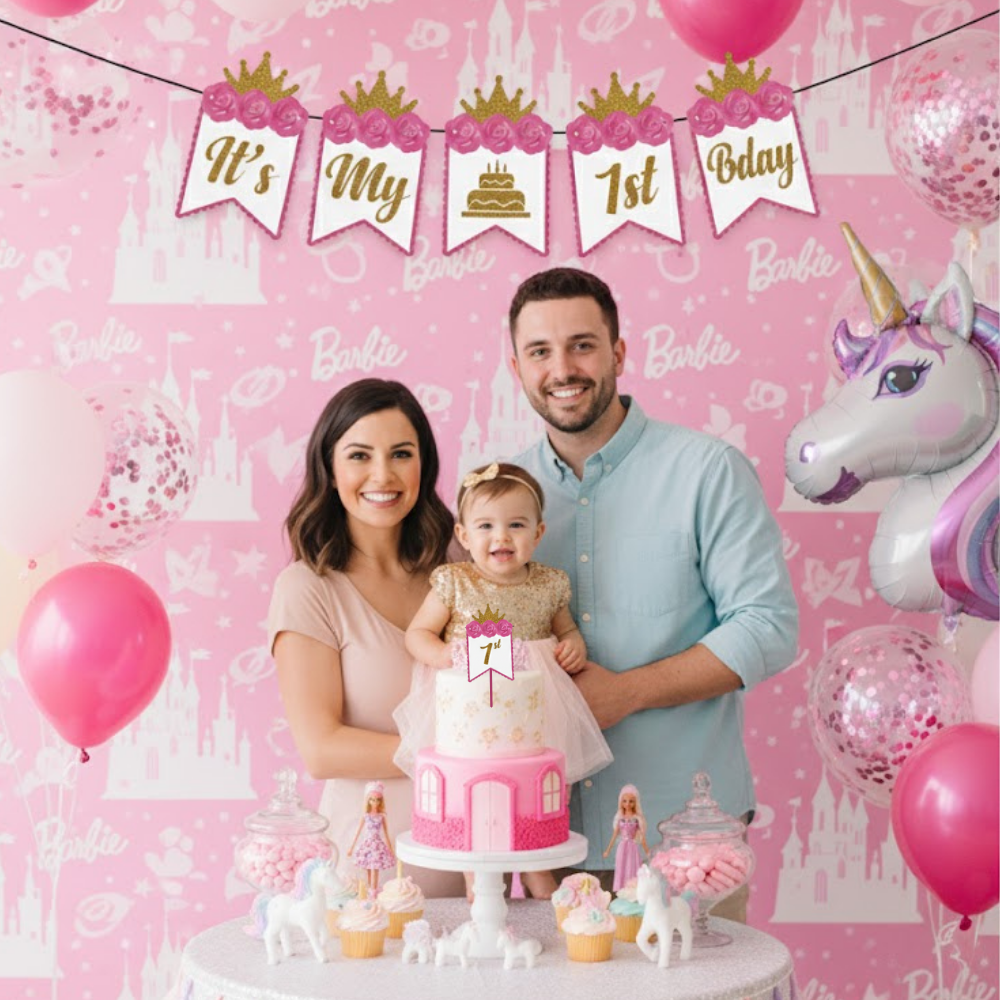 Pink Princess First Birthday Banner