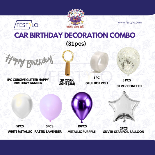 Car Birthday Decoration Combo – 31 Pcs | Purple & White