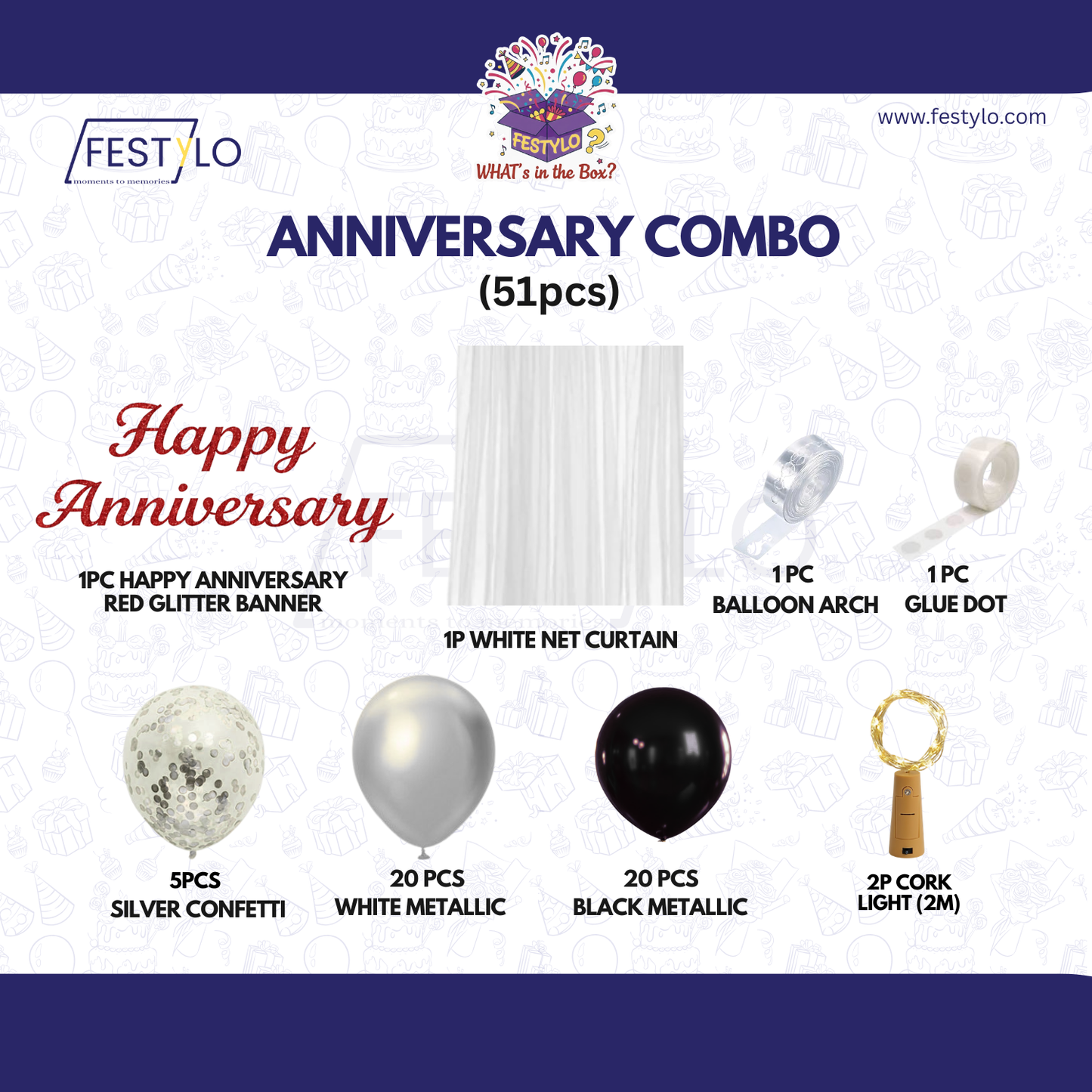 Black Silver Anniversary Decoration Combo (51 pcs)