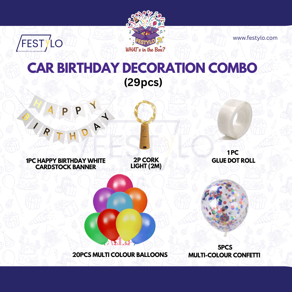 Car Birthday Decoration Combo – 29 Pcs | Multicolour
