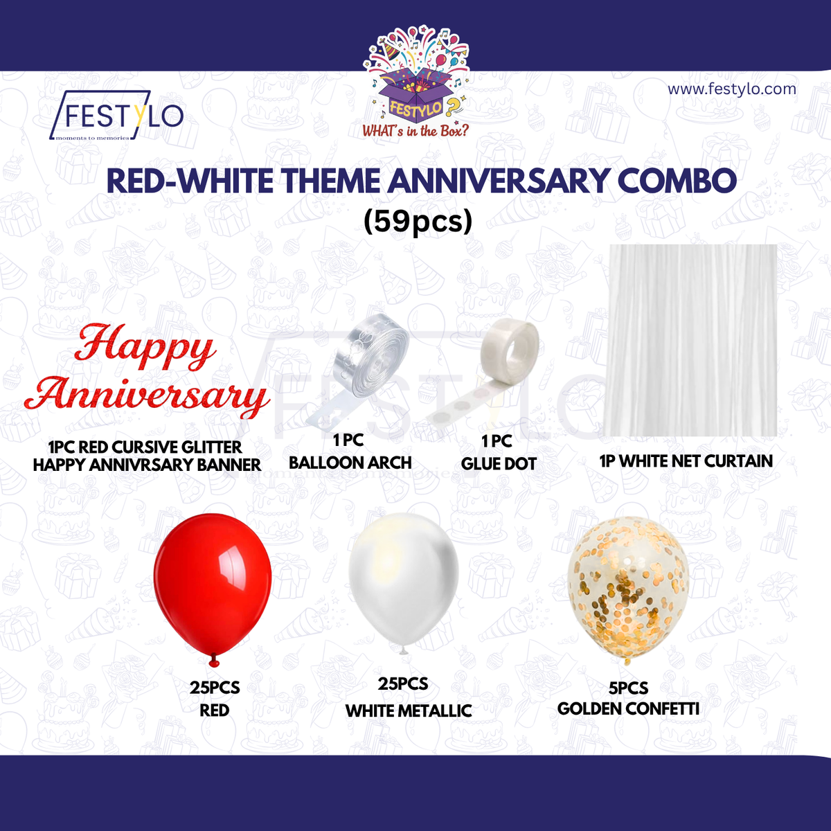 Red White Theme Anniversary Decoration Combo – 59 Pcs
