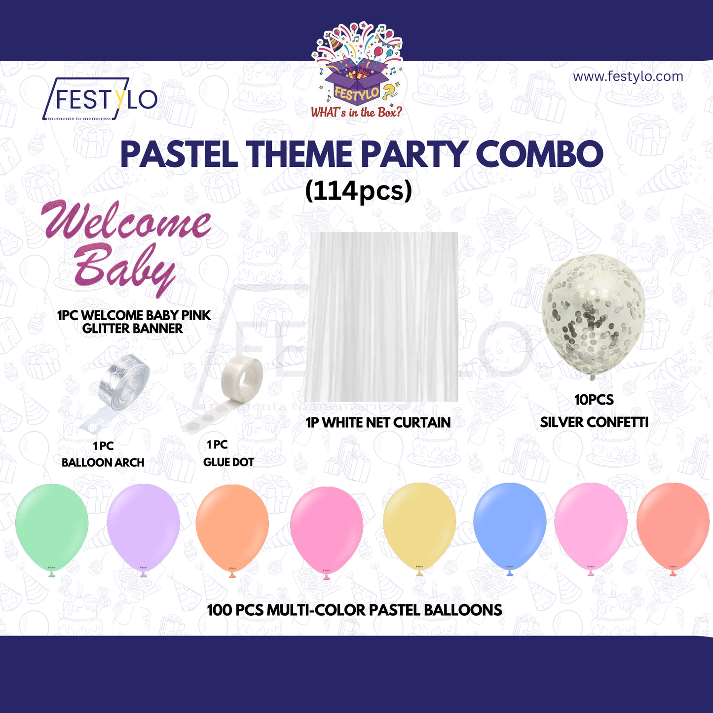 Pastel Theme Party Combo Decoration Kit (114 pcs) – Welcome Baby Balloon Arch Set
