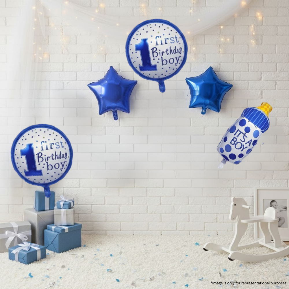 Blue First Birthday 5 pcs Foil Balloons