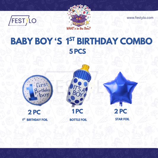 Blue First Birthday 5 pcs Foil Balloons