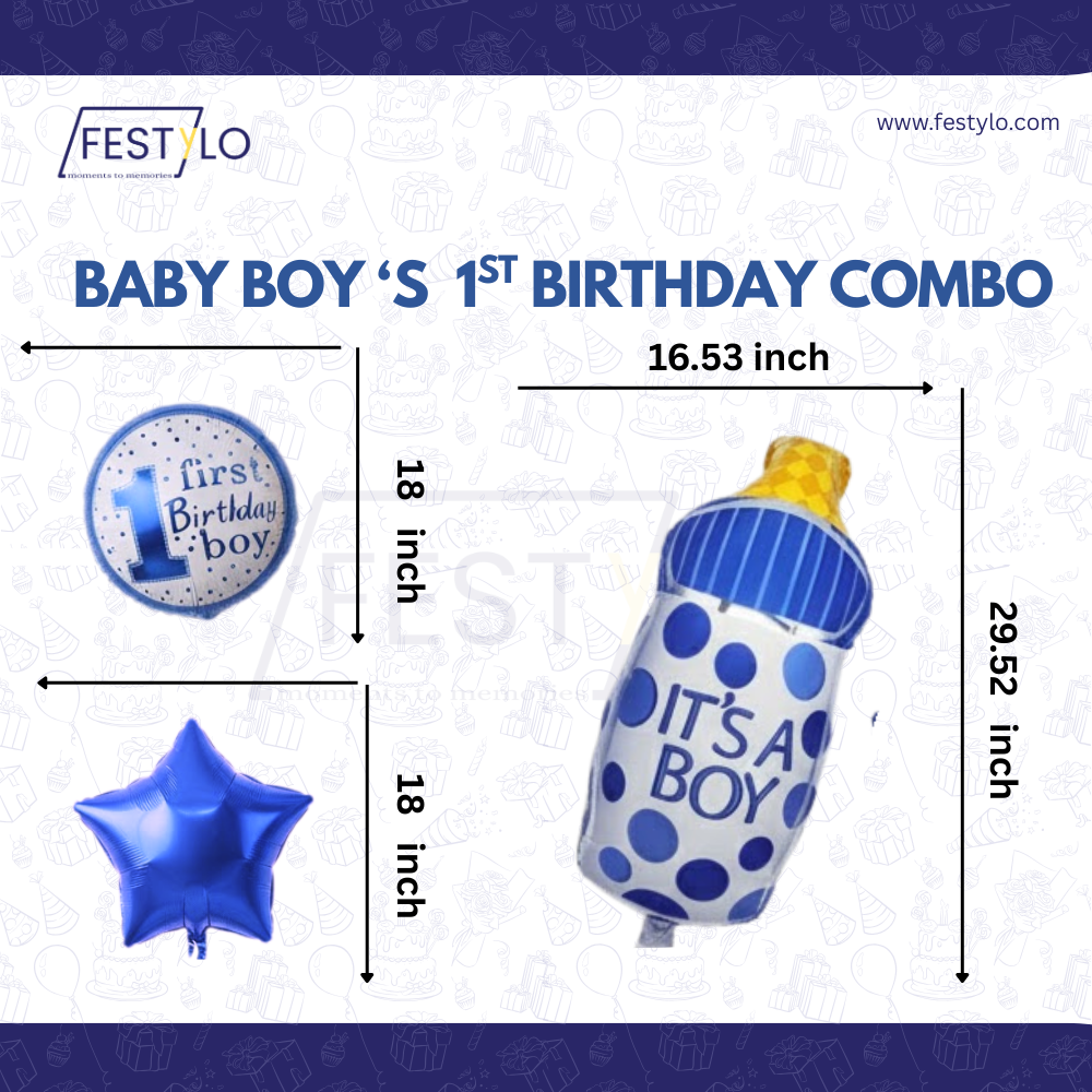 Blue First Birthday 5 pcs Foil Balloons