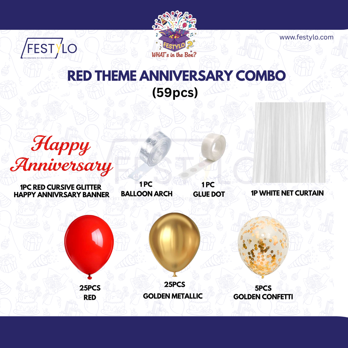 Red Golden Theme Anniversary Decoration Combo – 59 Pcs