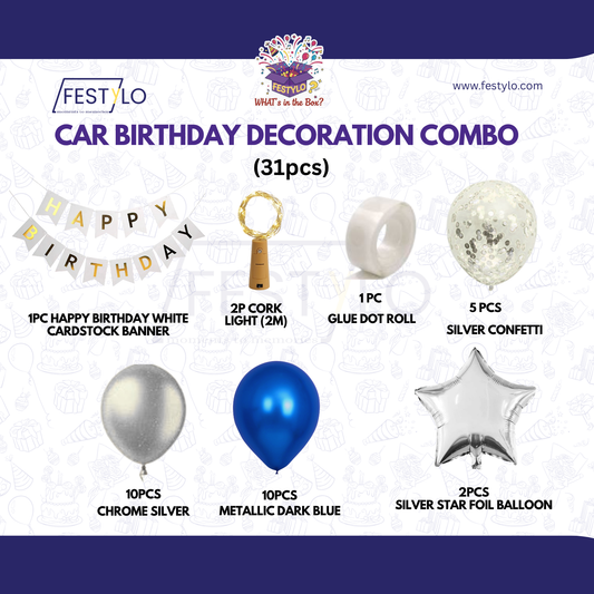 Car Birthday Decoration Combo – 31 Pcs | Dark Blue & Silver