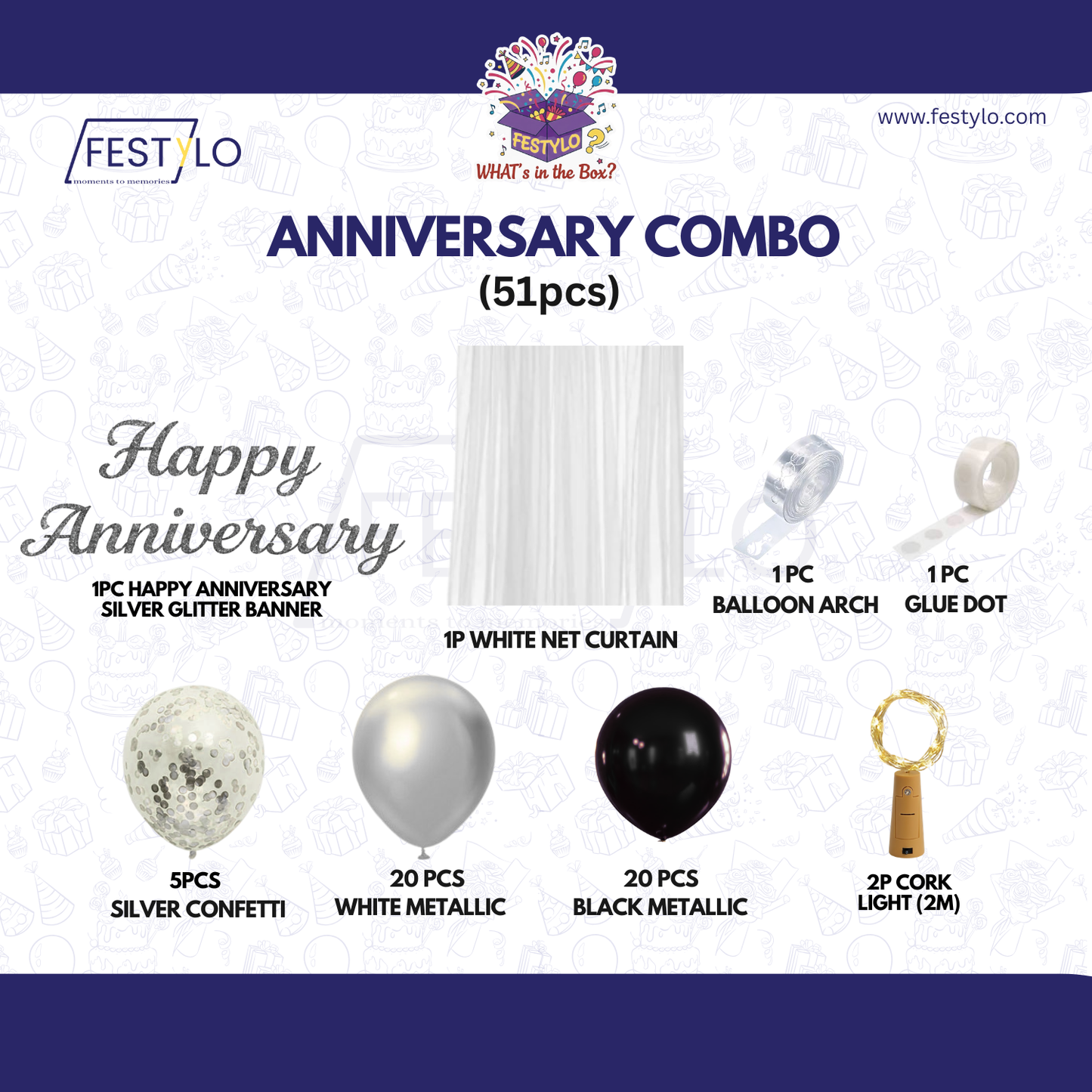Black Silver Anniversary Decoration Combo (51 pcs)