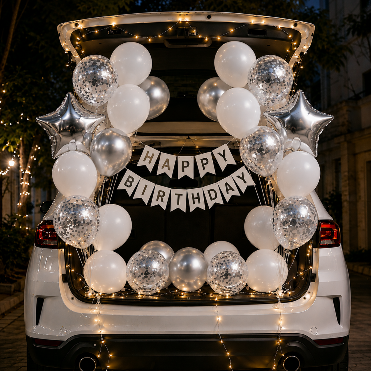 Car Birthday Decoration Combo – 31 Pcs | White & Silver