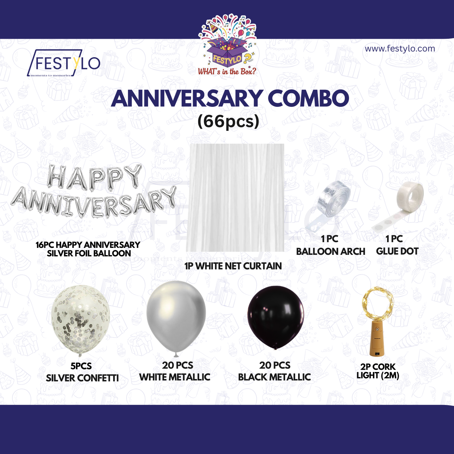 Black Silver Anniversary Decoration Combo (66 pcs)