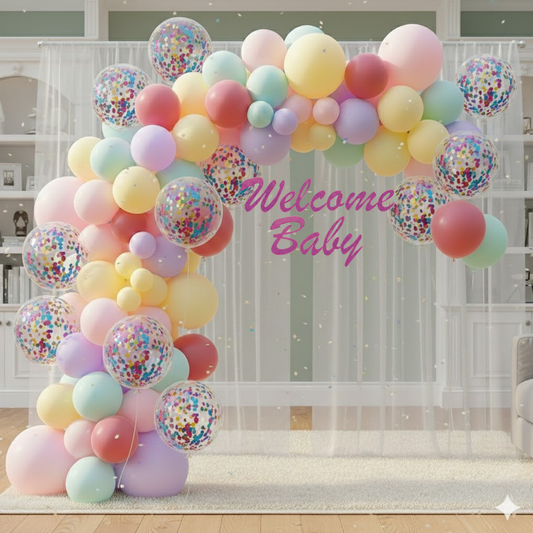 Pastel Theme Party Combo Decoration Kit (114 pcs) – Welcome Baby Balloon Arch Set