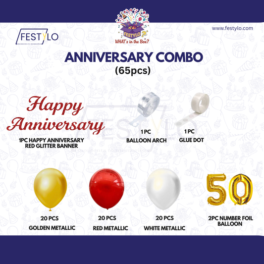 50th Anniversary Decoration Combo Kit (65 Pcs) – Red, White & Gold Golden Jubilee Balloon Set
