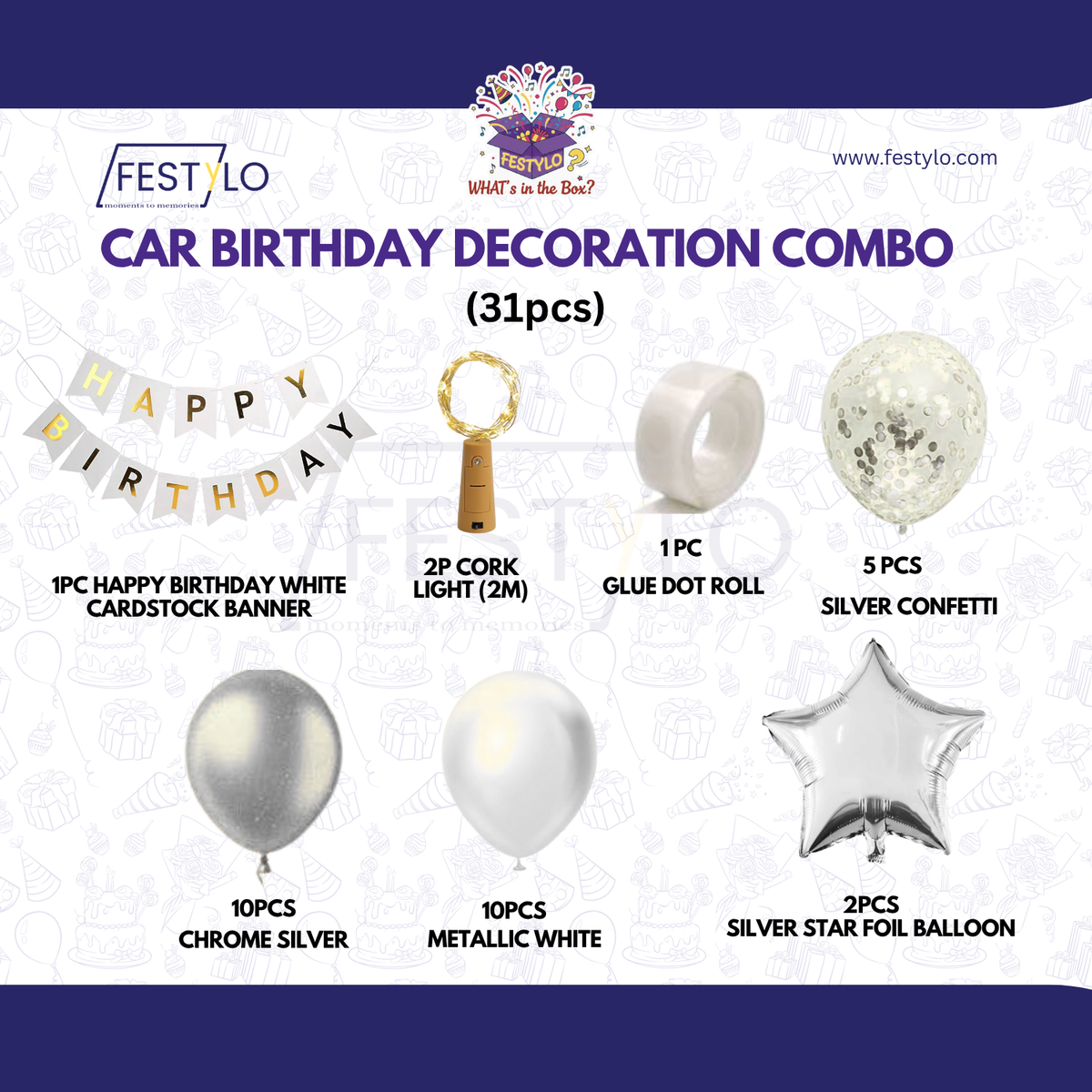 Car Birthday Decoration Combo – 31 Pcs | White & Silver