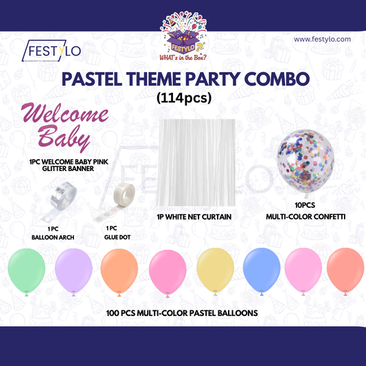 Pastel Theme Party Combo Decoration Kit (114 pcs) – Welcome Baby Balloon Arch Set