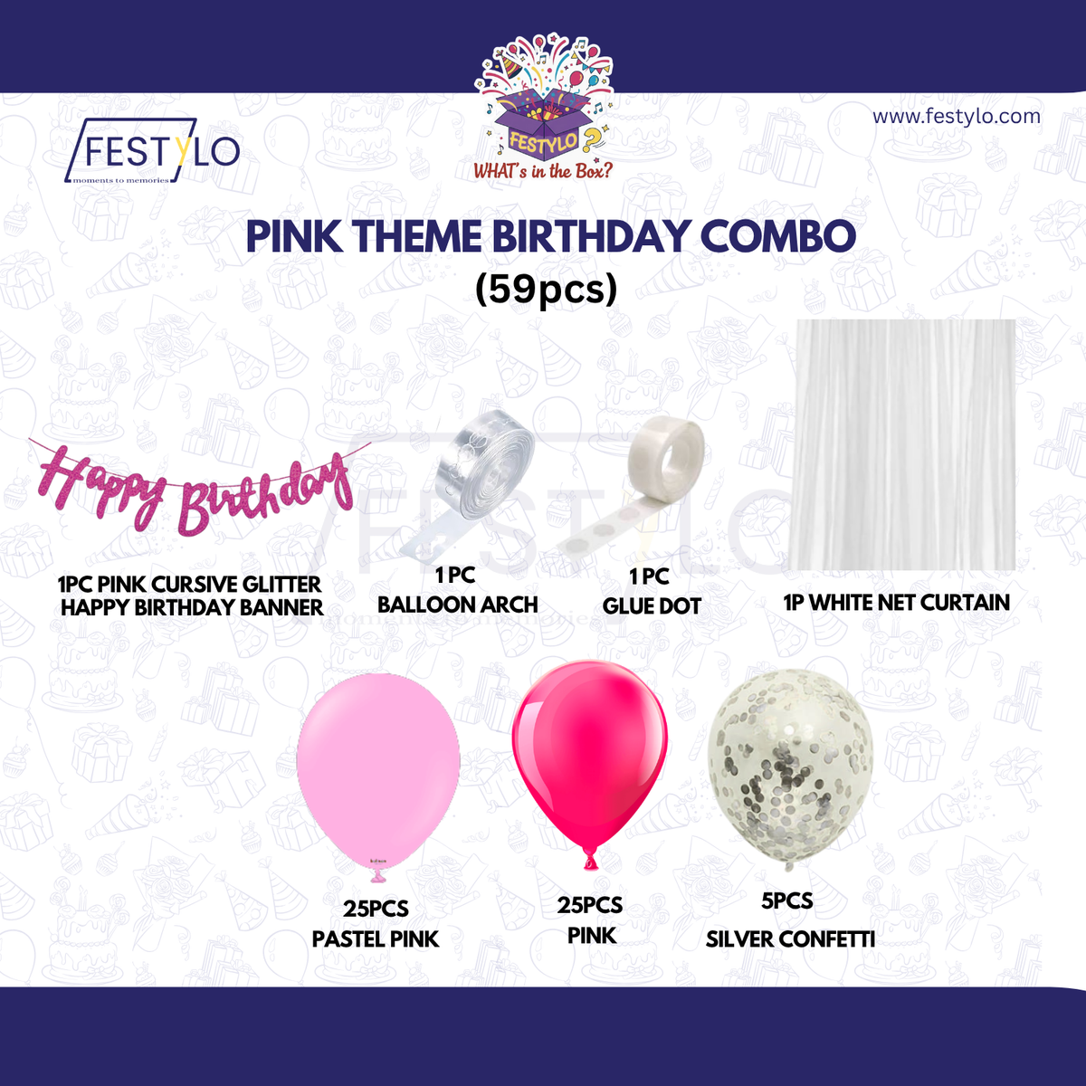 Pink Theme Birthday Decoration Combo – 59 Pcs