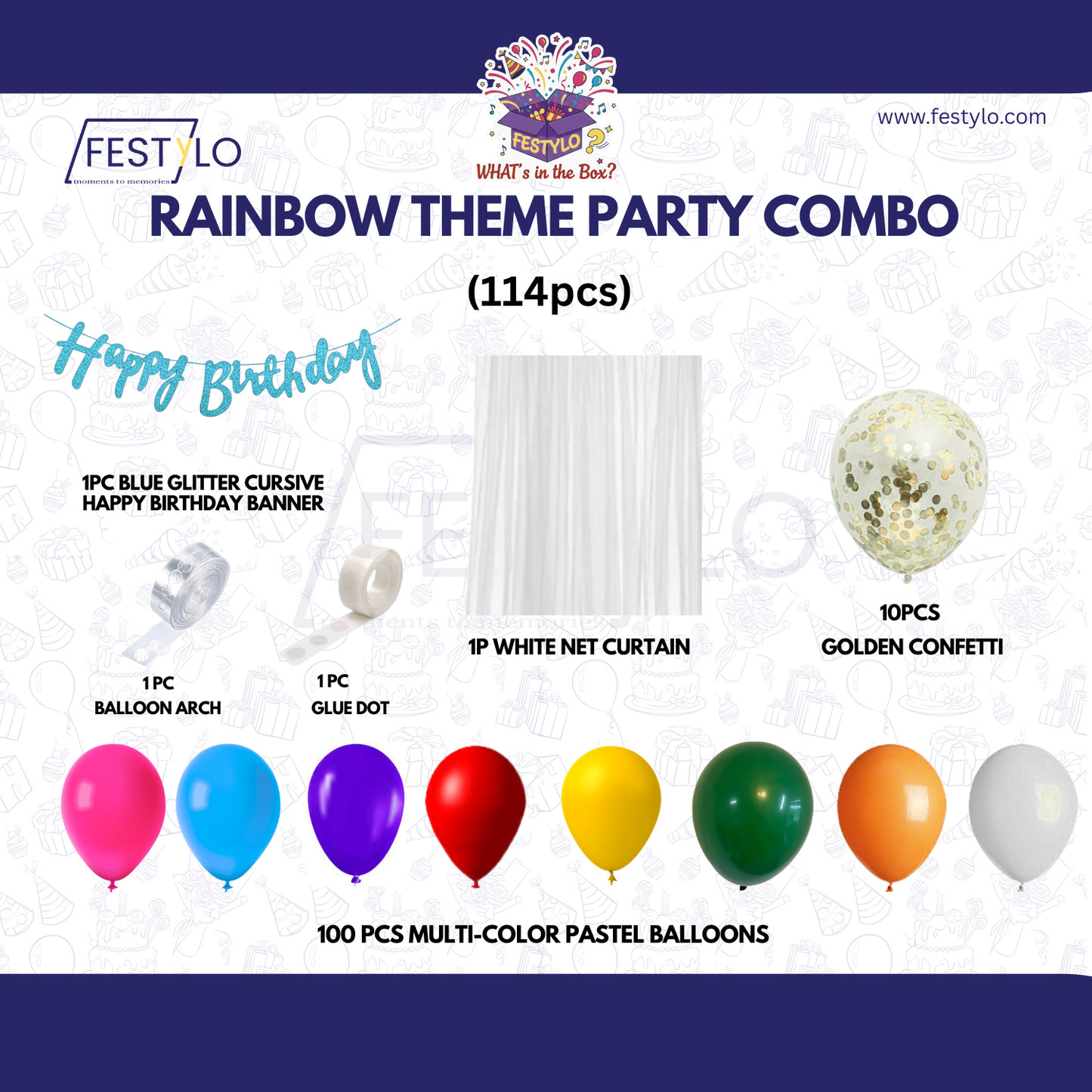 Rainbow Theme Blue Banner with Golden confetti Decoration Kit (114 Pcs)