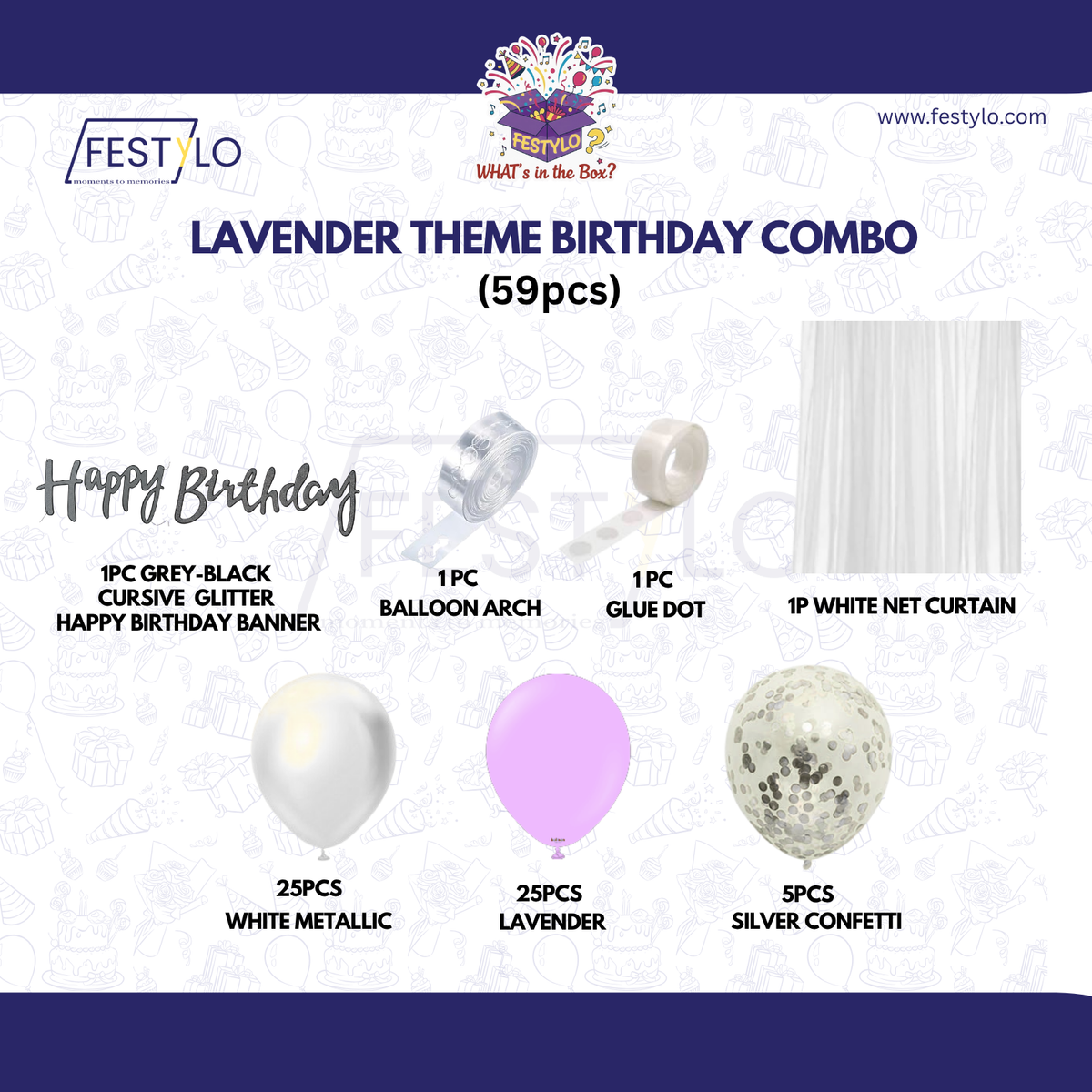 Lavender Theme Birthday Decoration Combo – 59 Pcs