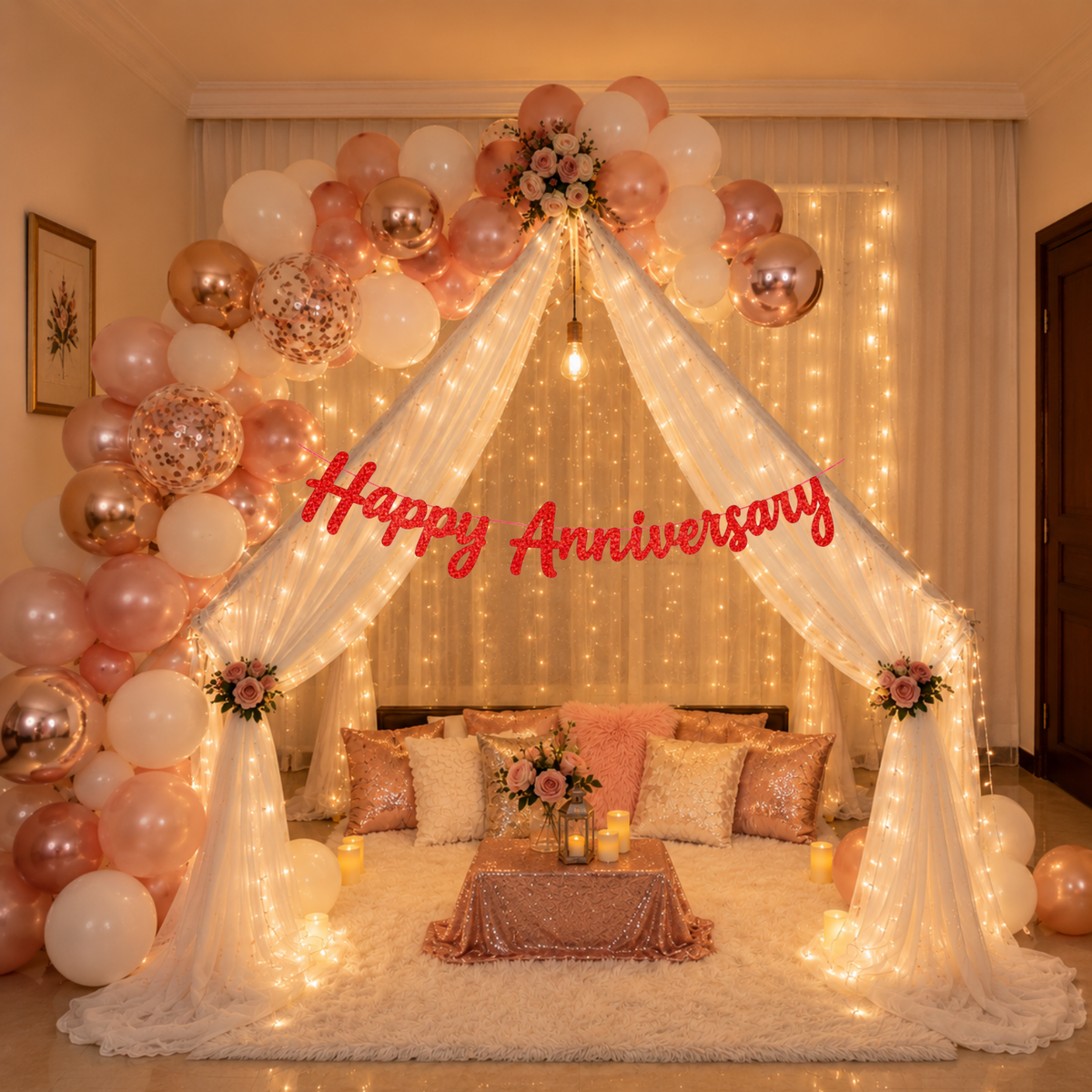 Rose Gold Anniversary Decoration Combo – 59 Pcs