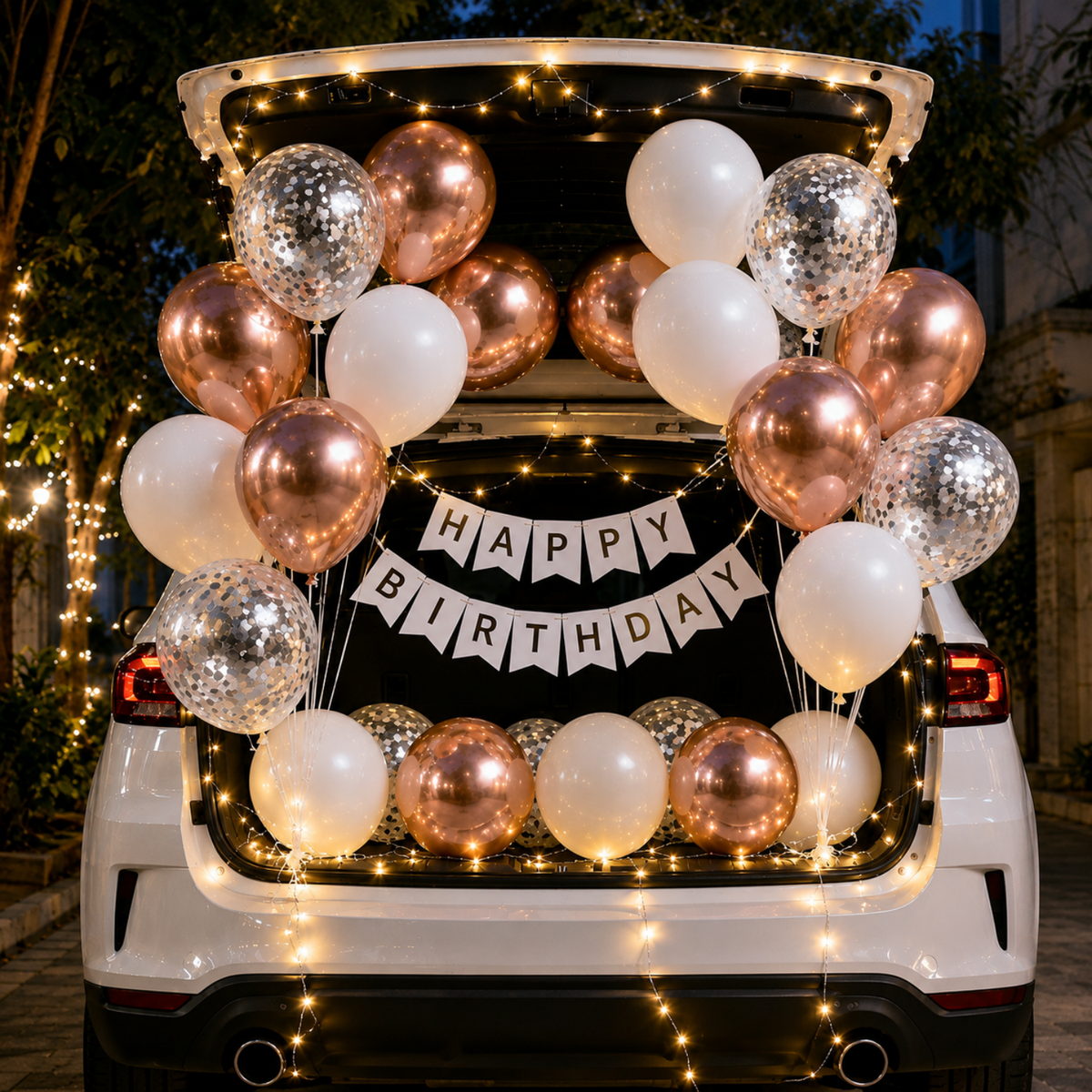 Car Birthday Decoration Combo – 29 Pcs | Rose Gold & White