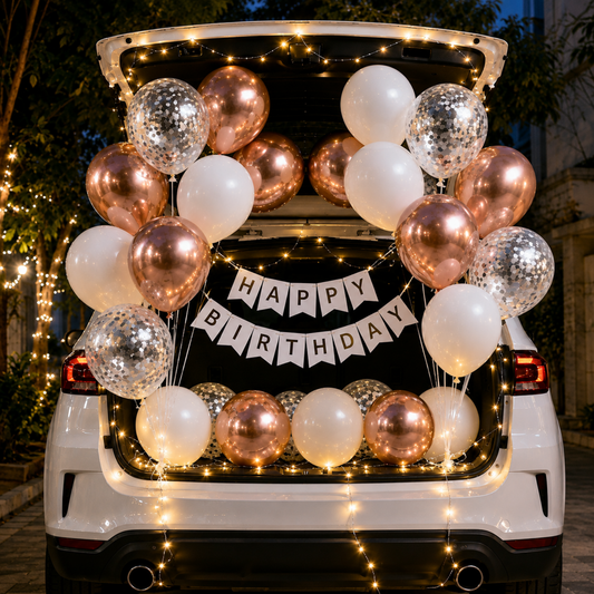Car Birthday Decoration Combo – 29 Pcs | Rose Gold & White