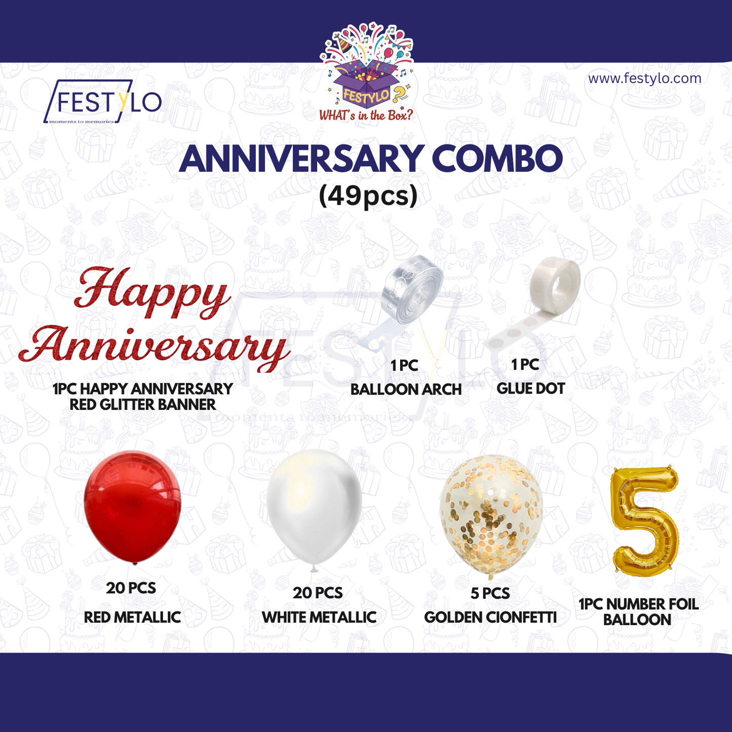 5th Anniversary Combo Decoration Kit (49 Pcs) – Red, White & Gold Theme