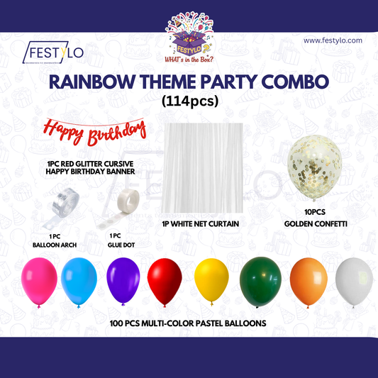 Rainbow Theme Red Banner with Golden confetti Decoration Kit (114 Pcs)