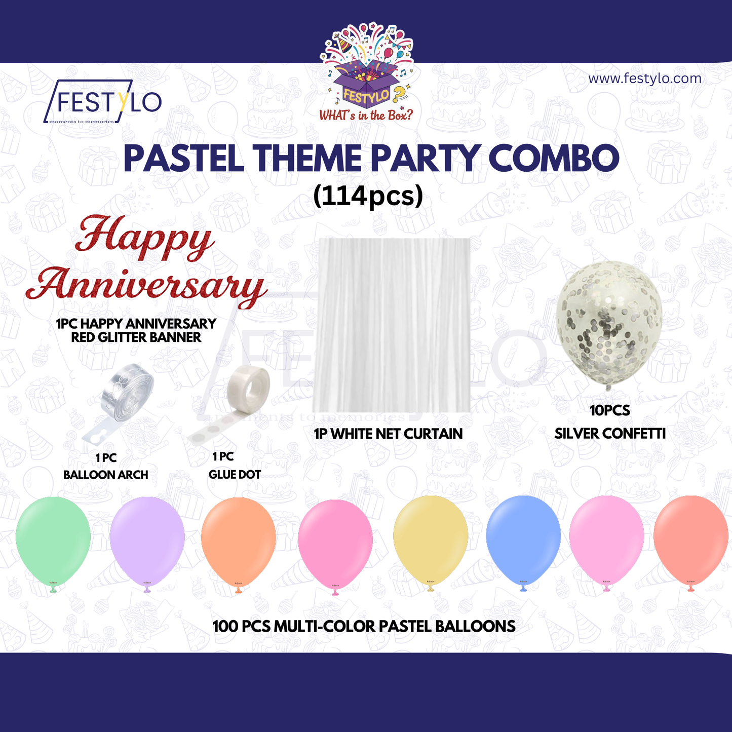 Pastel Theme Party Combo Decoration Kit (114 pcs) – Happy Anniversary Balloon Arch Set