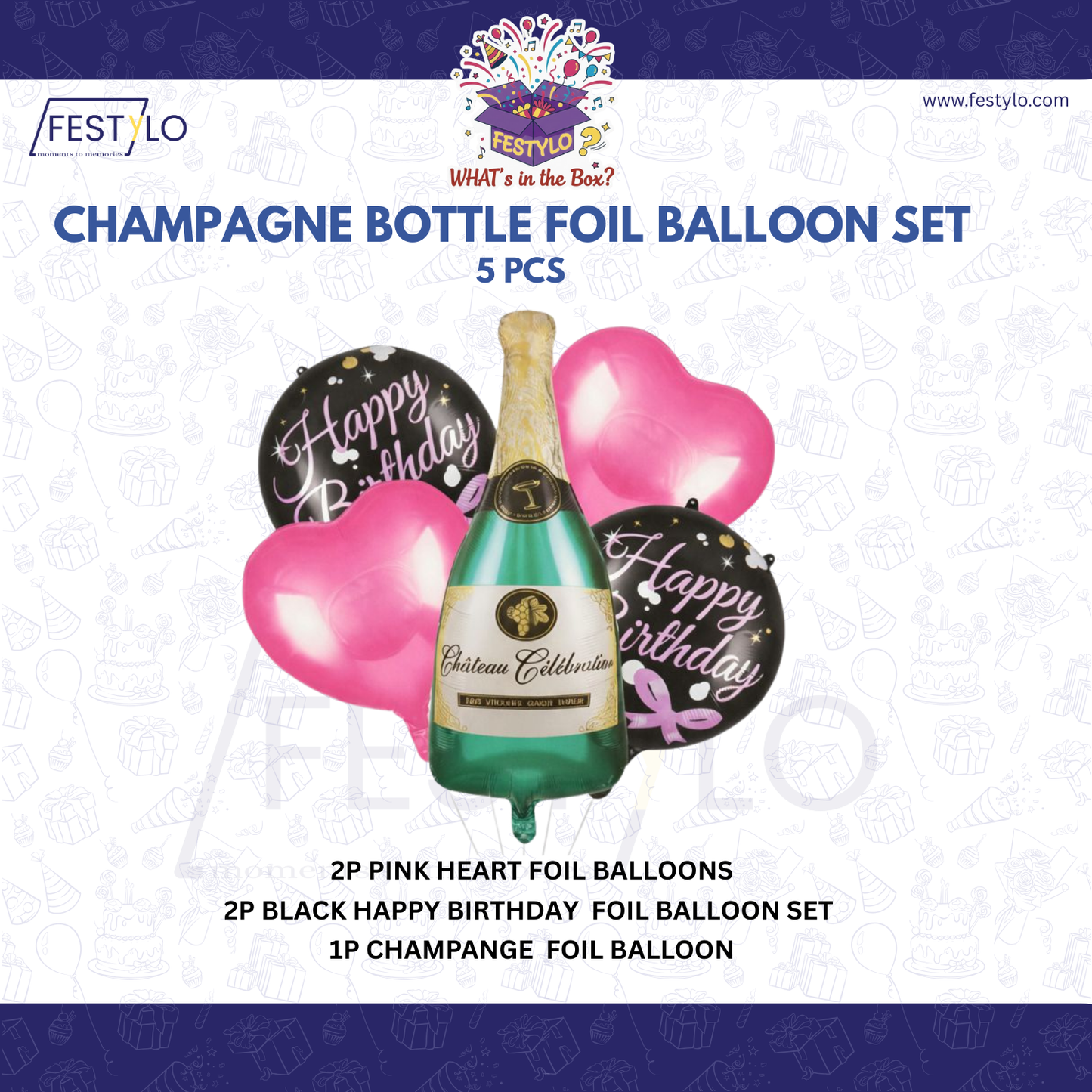 Champagne Bottle Birthday 5 pcs Foil Balloons