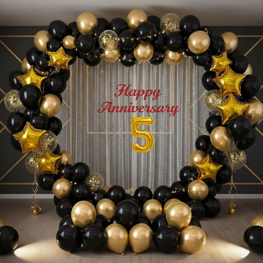 5th Anniversary Combo Decoration Kit (52 Pcs) – Black & Gold Theme with Curtain