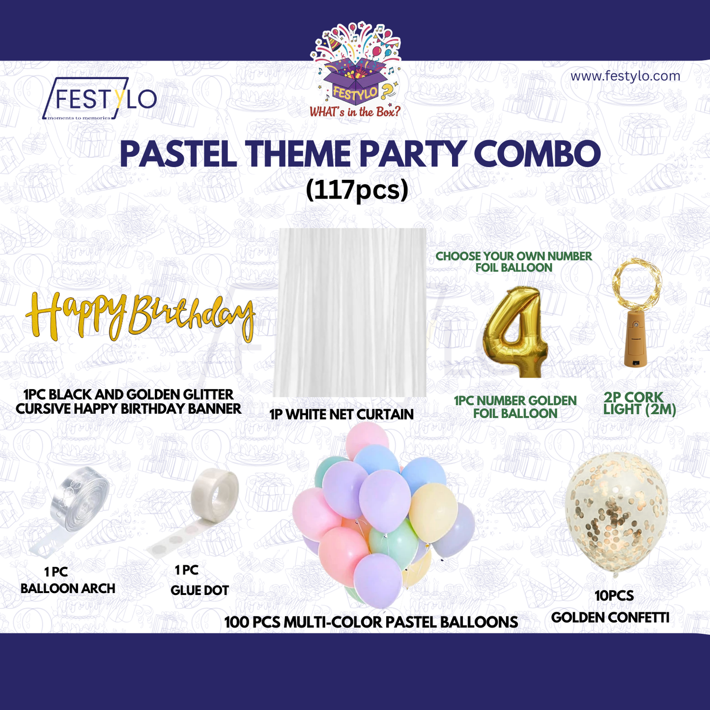 Pastel Theme Birthday Combo Kit with Black & Gold banner