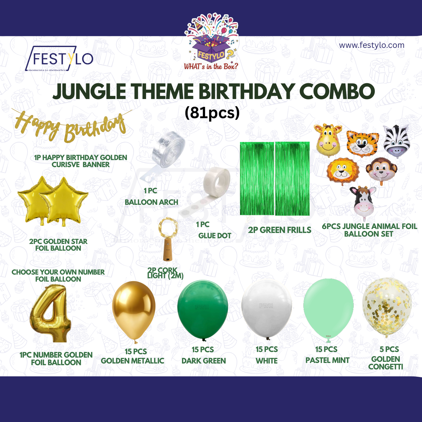 Jungle Birthday Decoration Combo (81 Pcs) Custom.