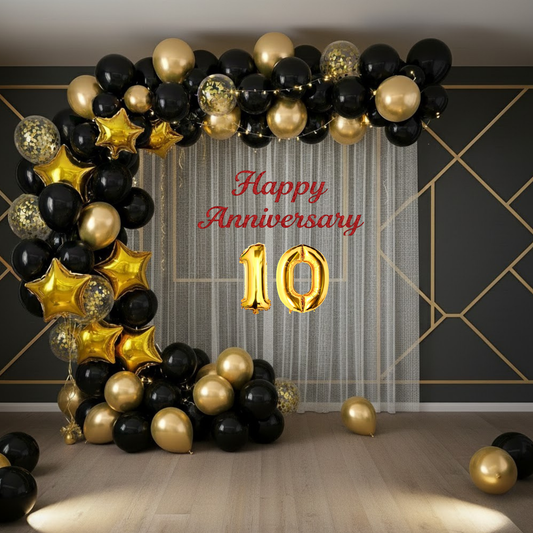 10th Anniversary Combo Decoration Kit (53 Pcs) – Black & Gold Theme with Curtain