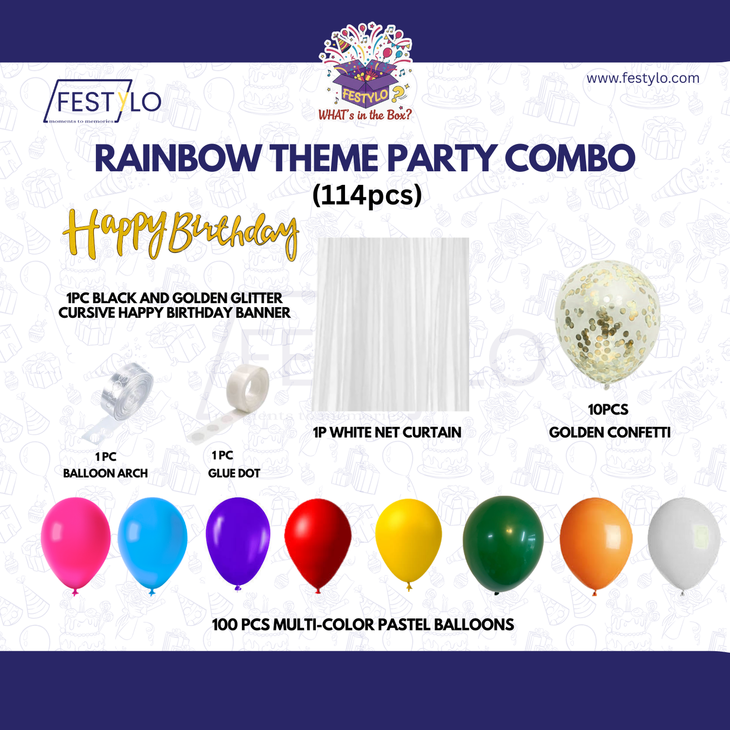 Rainbow Theme Black & Gold Banner with Golden confetti Decoration Kit (114 Pcs)