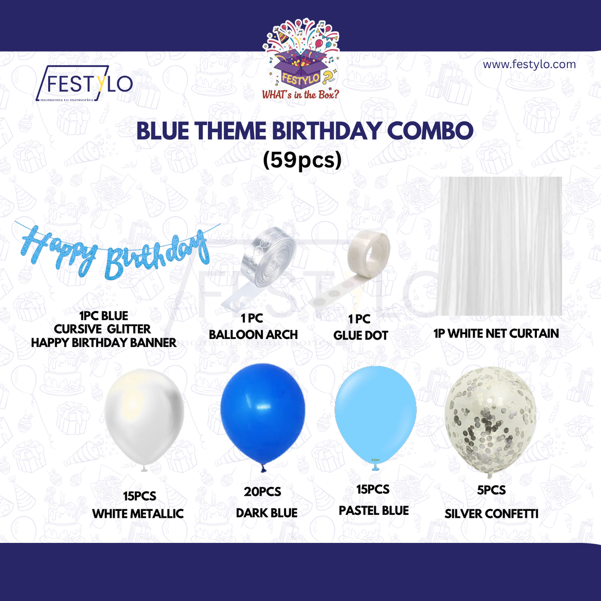 Blue Theme Birthday Decoration Combo – 59 Pcs