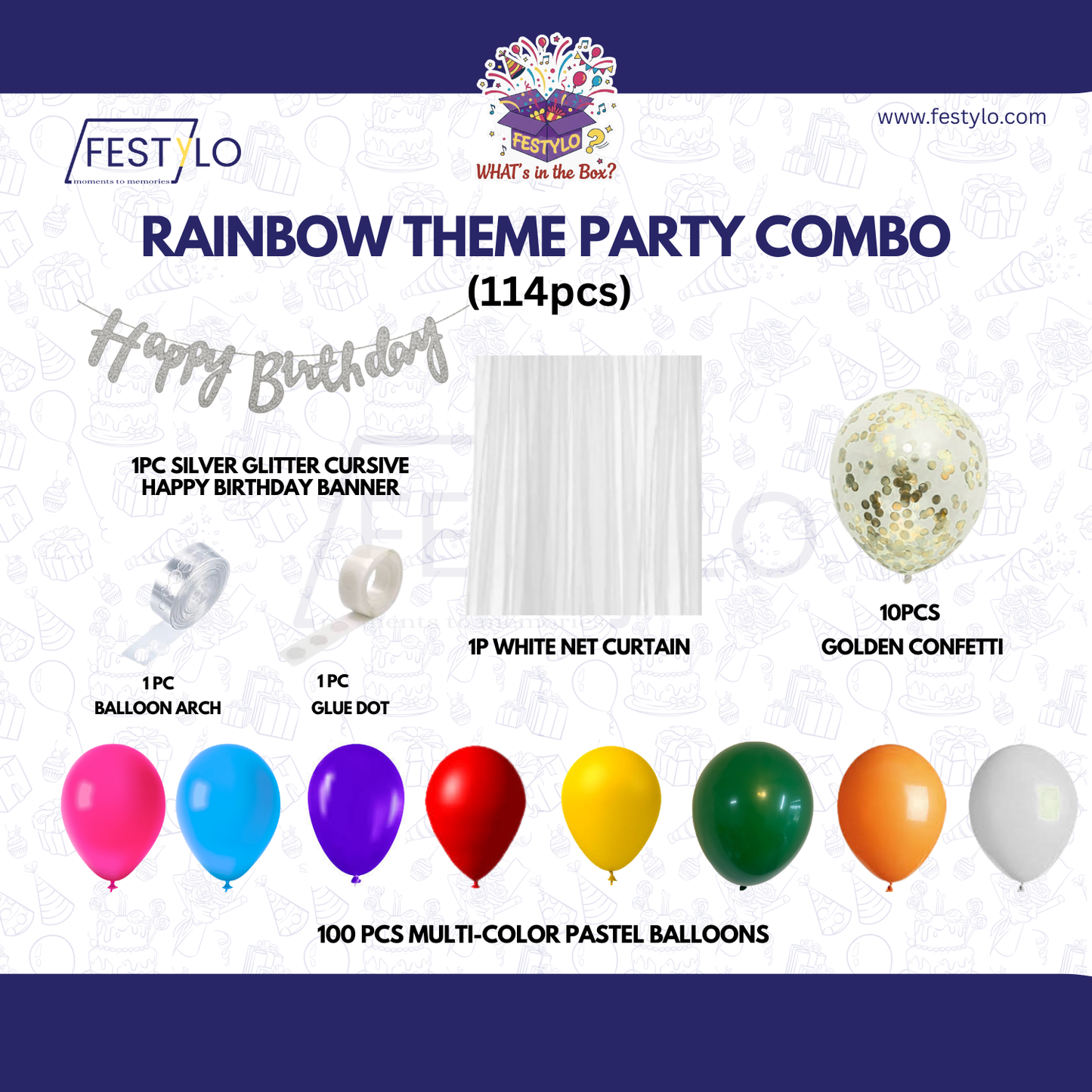 Rainbow Theme Silver Banner with Golden confetti Decoration Kit (114 Pcs)