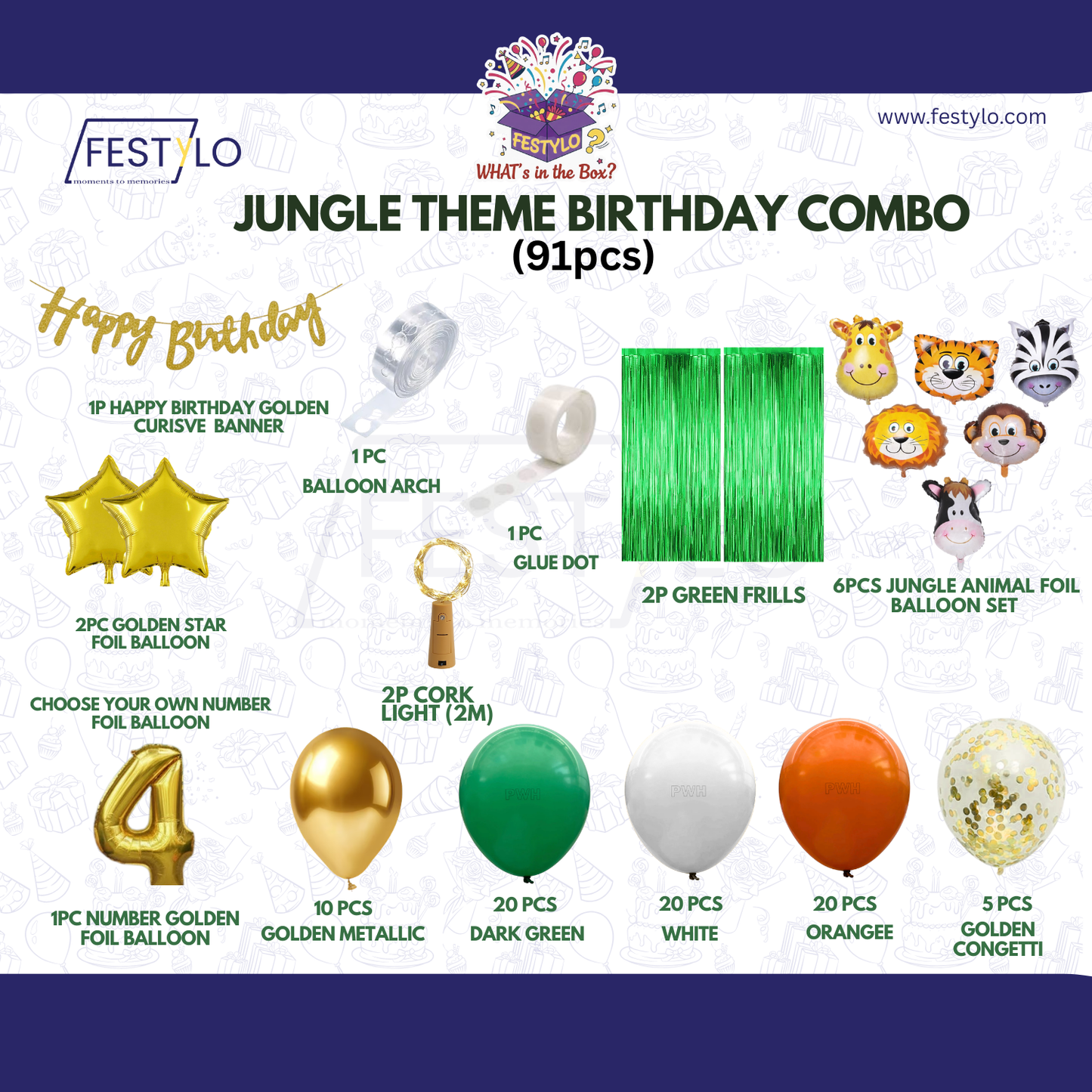 Jungle Birthday Decoration Combo (91 Pcs) Custom.