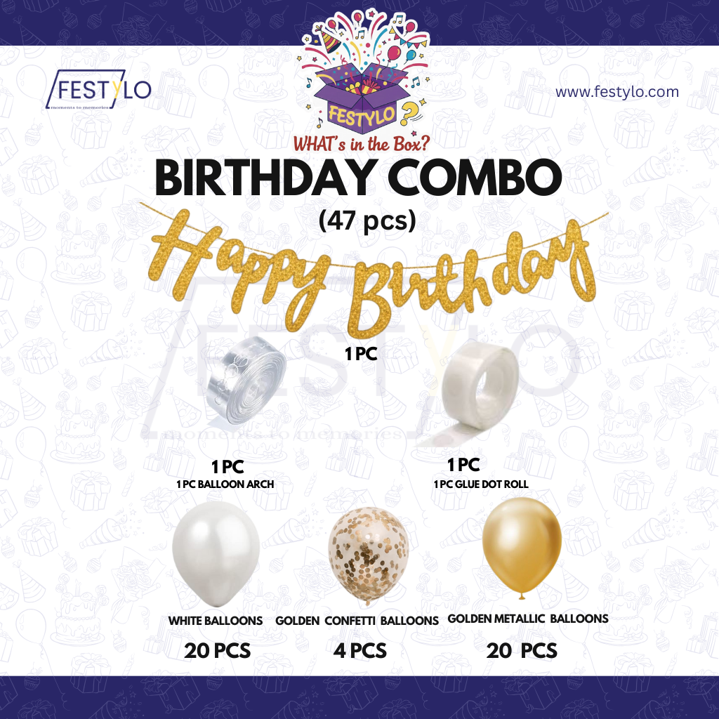 Gold White Birthday Combo (47 pcs)