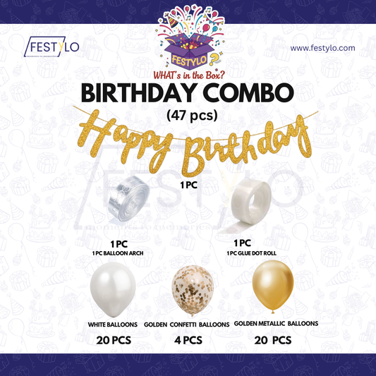 Gold White Birthday Combo (47 pcs)