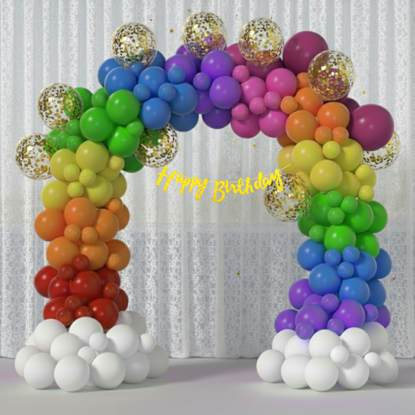 Rainbow Theme Golden Banner with Golden confetti Decoration Kit (114 Pcs)