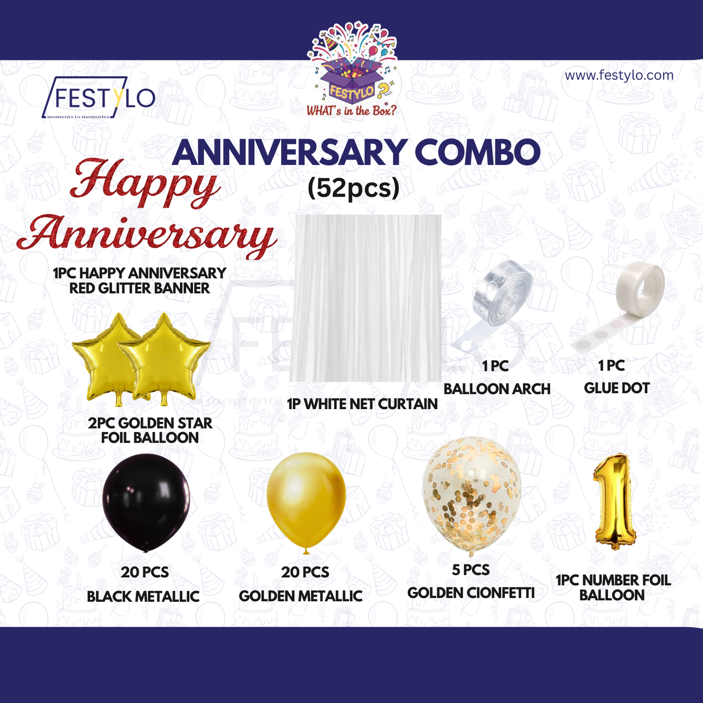 Anniversary Combo Decoration Kit (52 Pcs) – Black & Gold Theme with Curtain