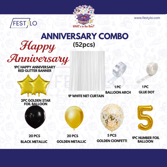 5th Anniversary Combo Decoration Kit (52 Pcs) – Black & Gold Theme with Curtain