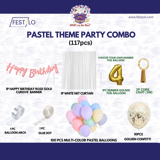 Pastel Theme Birthday Combo Kit with Rose-Gold banner