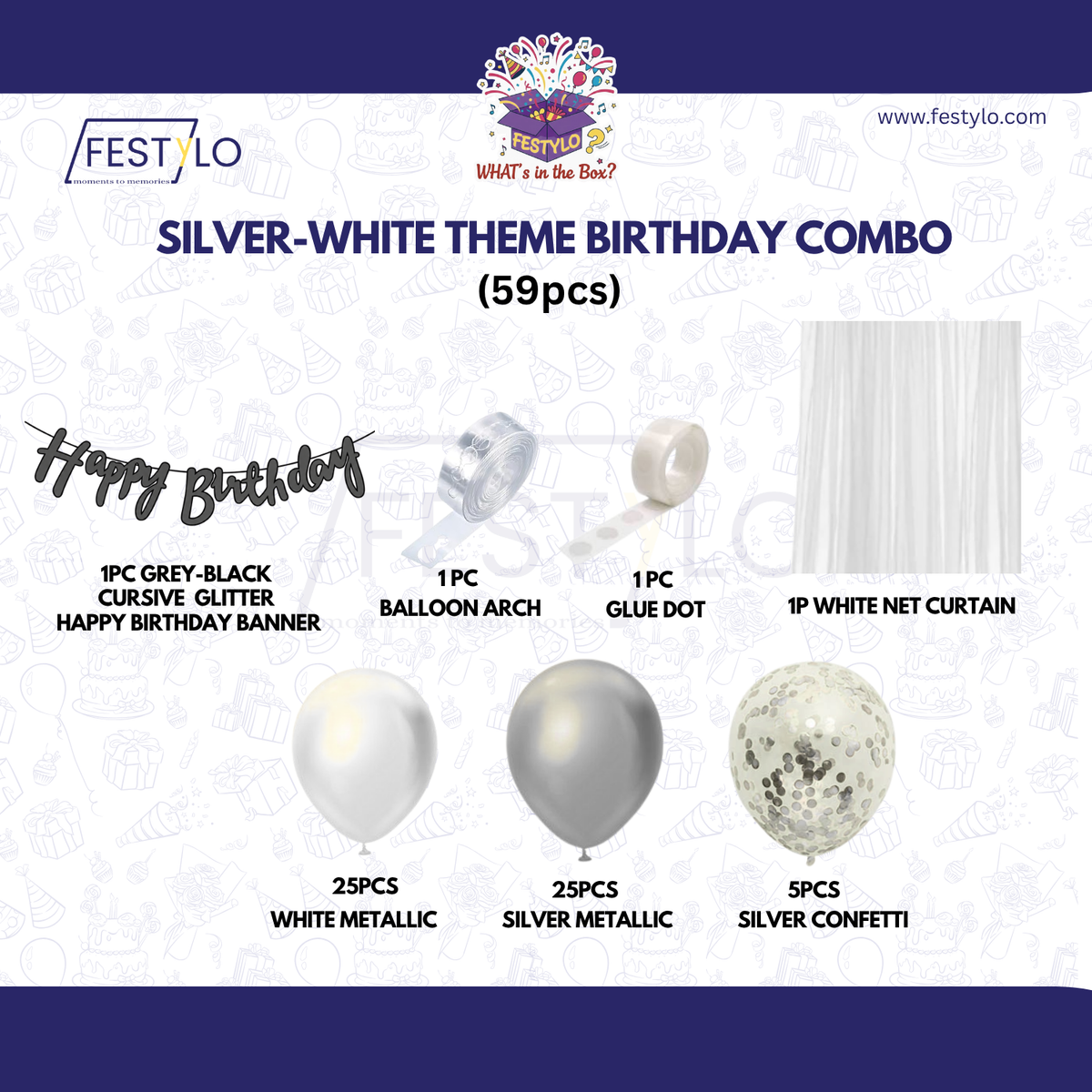 Silver White Theme Birthday Decoration Combo – 59 Pcs