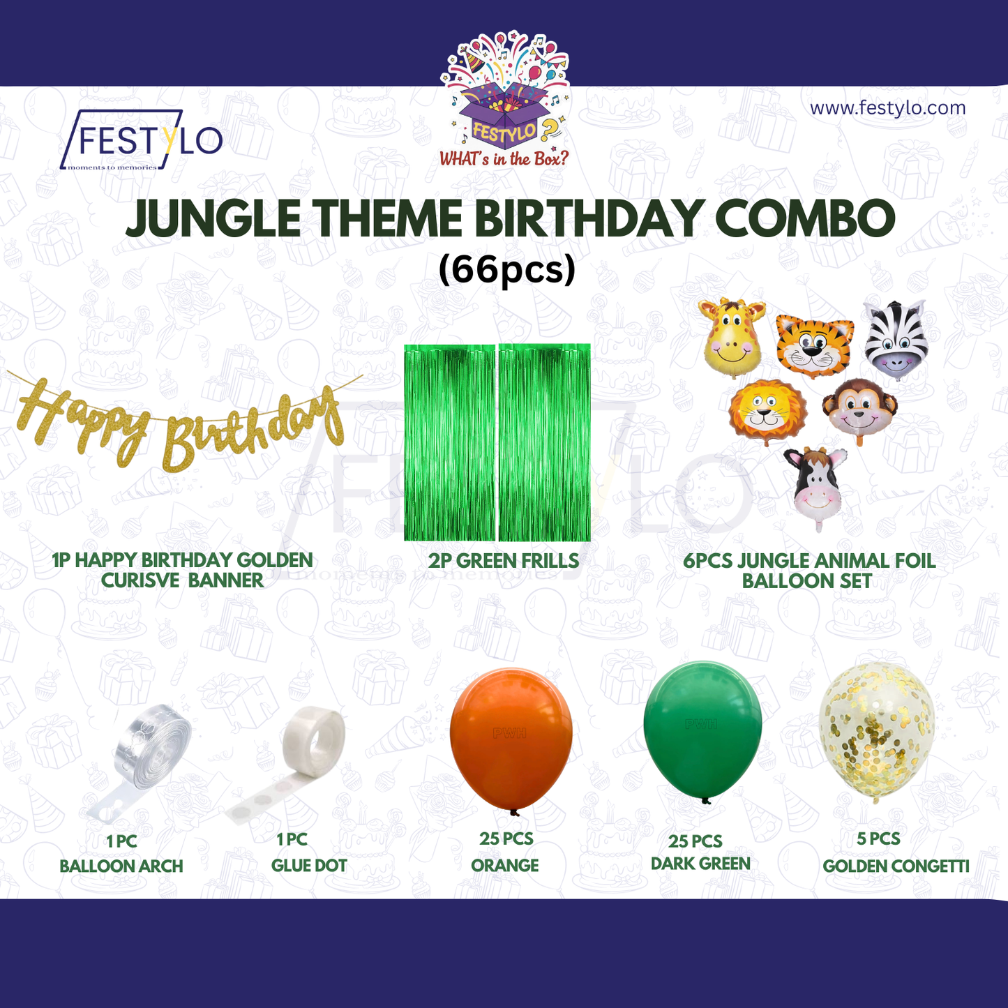Jungle Theme Birthday Combo (66 pcs) Green Frills