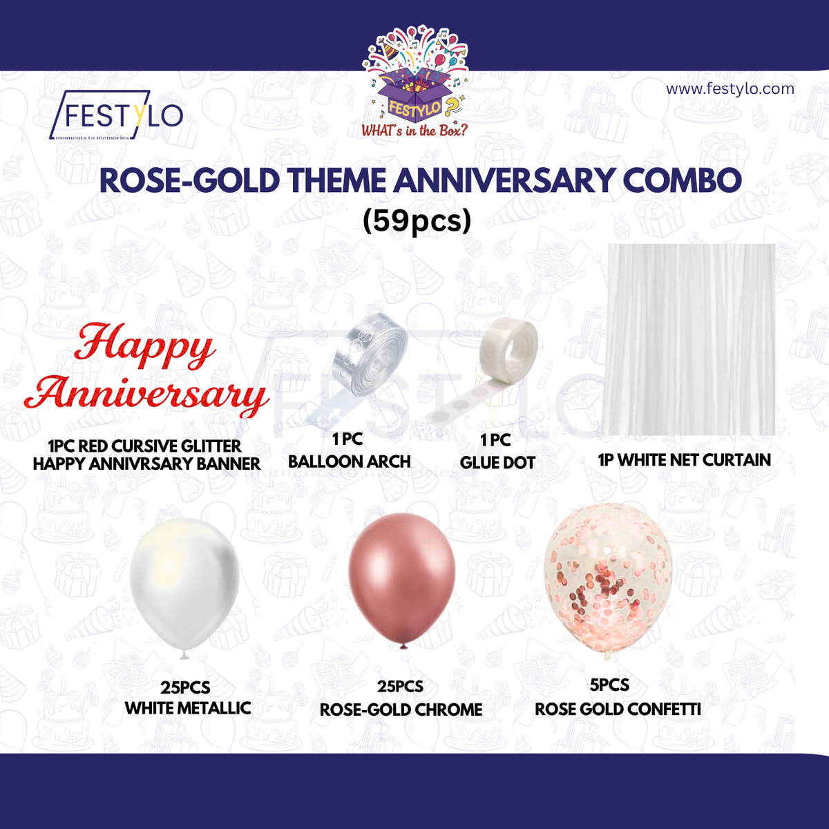 Rose Gold Anniversary Decoration Combo – 59 Pcs