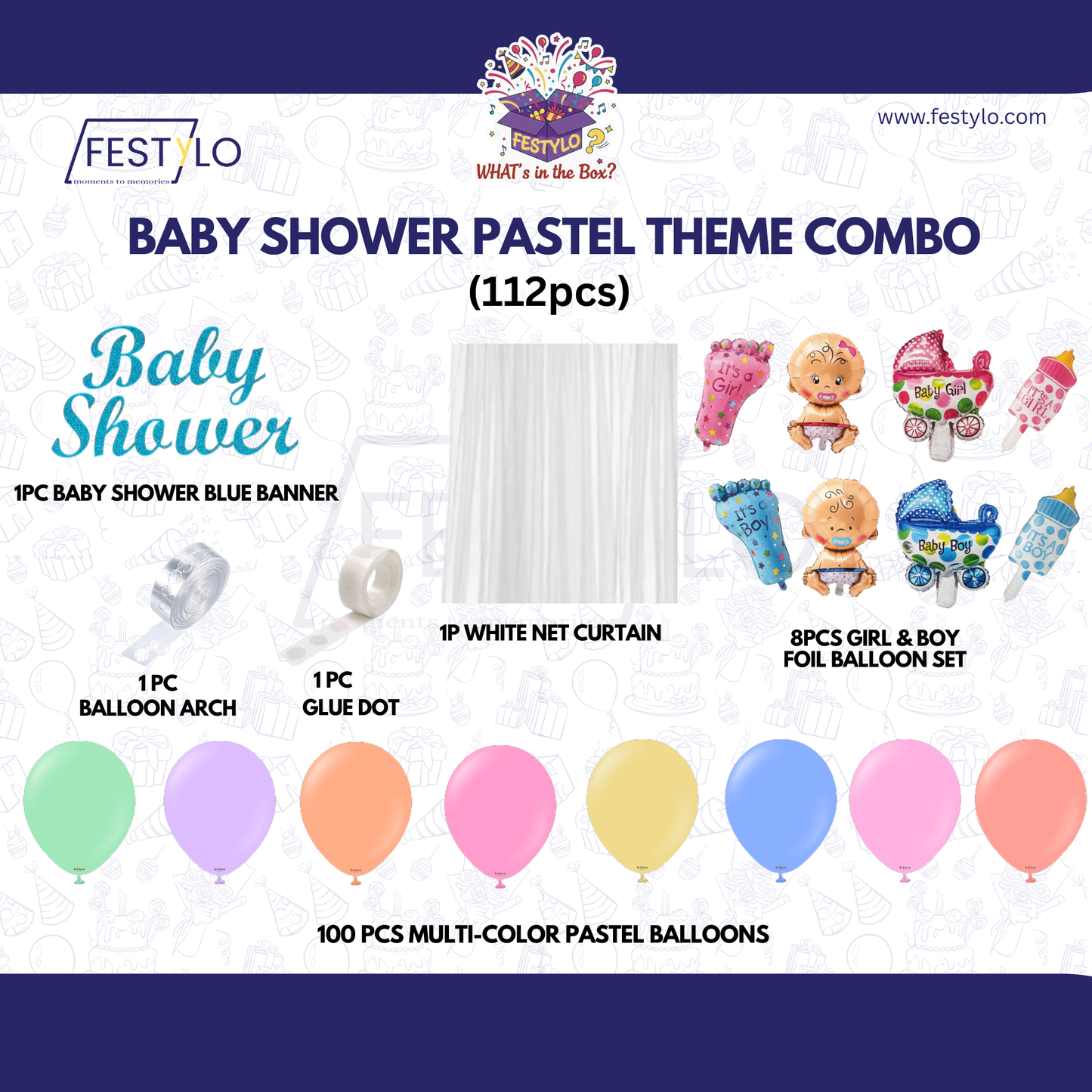 Baby Shower Pastel Theme Decoration Combo Kit (112 Pcs)