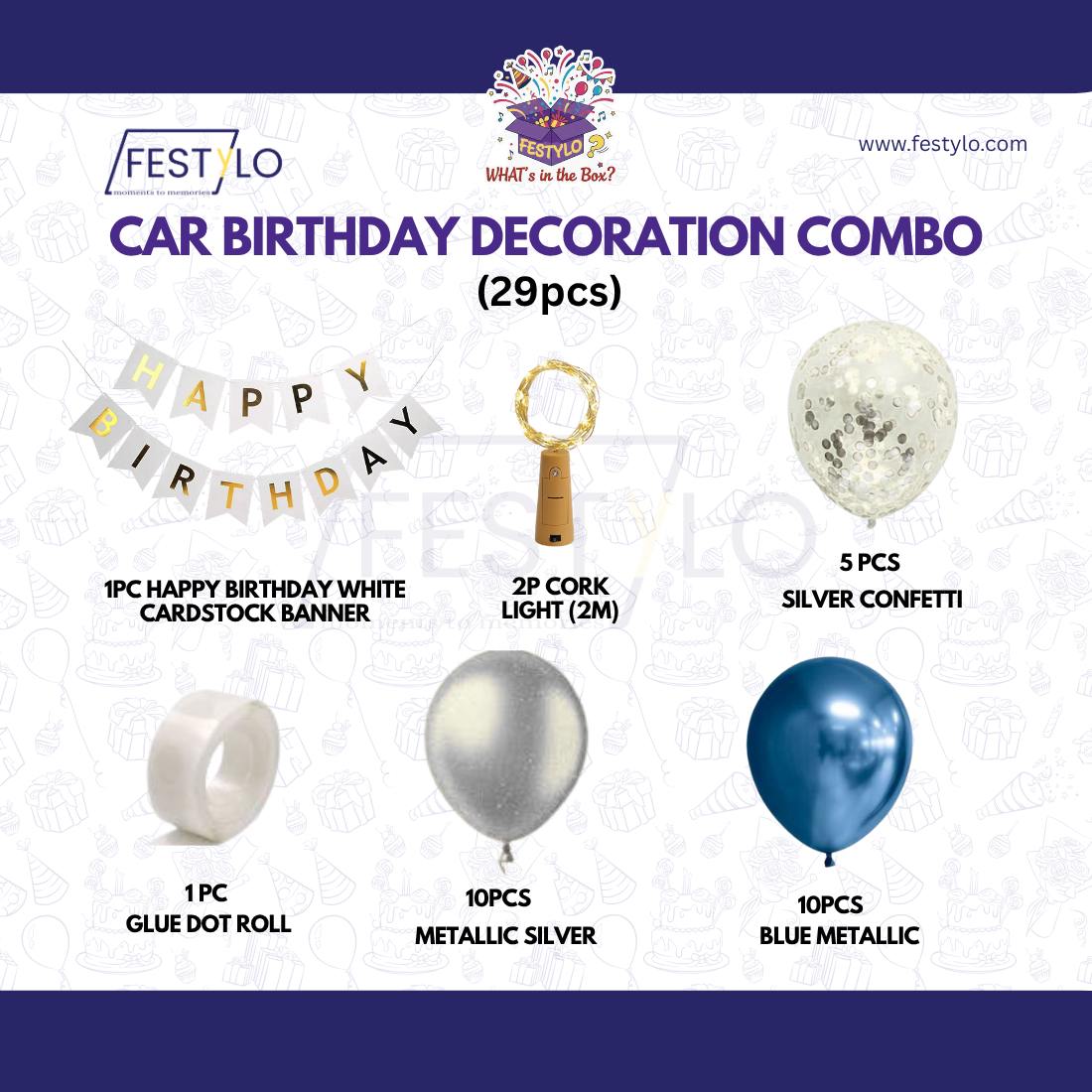 Car Birthday Decoration Combo – 29 Pcs | Blue & Silver