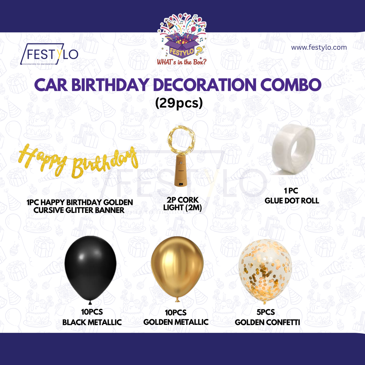 Car Birthday Decoration Combo – 29 Pcs | Black & Gold