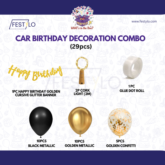 Car Birthday Decoration Combo – 29 Pcs | Black & Gold